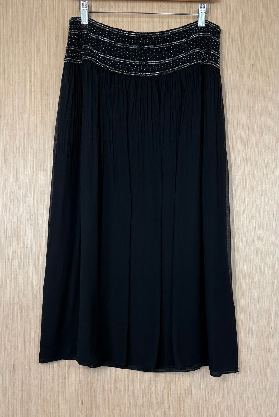 Ann Taylor 100% Silk Beaded Pleated Midi Skirt Size 8 Black Boho Luxe